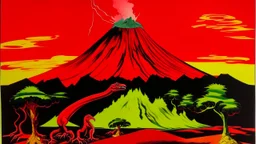 A red volcano with reptiles with healing fire painted by Andy Warhol