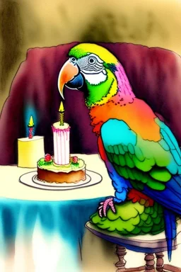 Parrot wearing kippah is sitting at a table with a birthday cake. Watercolour