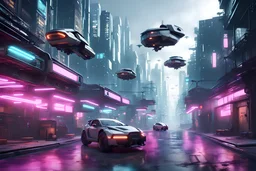 3d rendered realistic scene cyberpunk street with flying vehicles