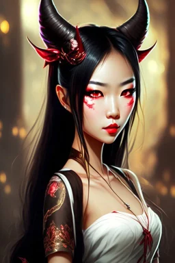 Beautiful devil asian girl with devil horns on her head, with brown eyes, detailed, looking at the camera, princess