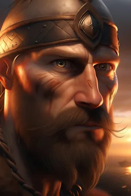 Rostro de hombre Vikingo . Que no se vean las manos. Hiperrealista con iluminacion suave de atardecer sobr