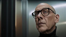 A striking, photorealistic portrait of Chris, a middle-aged european man with a slightly shaven head , wearing black square glasses, black shirta and makes a scared face. The background reveals a futuristic neon light, designed with modern, sleek lines and advanced technology. The overall ambiance gives off a sense of professionalism and cutting-edge innovation., photohigh detalied, sharp focus, professional photo
