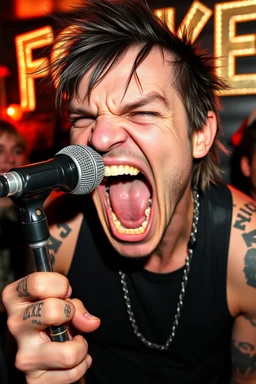 A very angry and bitter punk rocker screaming at microphone, very aggresive image in a club house, his name i FOLKE, and the name FOLKE in background