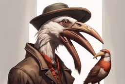 arafed bird wearing a hat and jacket with a long beak, from witcher (2021), portrait photoreal, taking tobacco snuff, trending on artstatio, from the game pathologic 2, 2 0 1 4. modern attire, thomas