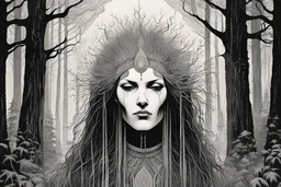 create a symmetric, abstract expressionist lithographic print of a ghostly tribal druid priestess, with highly detailed, delicate feminine facial features, inhabiting a foggy, ethereal Northern forest of ancient hemlocks, in the comic book style of Jean Giraud Moebius, David Hoskins, and Enki Bilal, precisely drawn, sharply defined, boldly inked, in the rich colors of the harvest moon