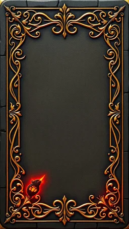 dark "Whimsical, fantasy-themed card border, intricate stone and gold filigree with tiny rat paw prints hidden in the design, playful medieval style, glowing runes, ornate yet readable, decorative corners, vibrant fantasy color palette."