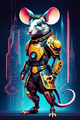 Ilustración lineal arte retro de un ratón con armadura cyberpunk, full body, hiperdetallada, increíble obra de arte, colores complementarios, maximalista