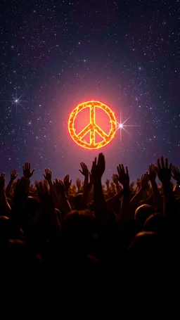 A field of random people rising hands up in a bright lighting , in the background a glowing a lot of of the universe stars and a huge circle of the peace sign with fire’s texture