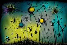 Winged fairies in a Million Dandelion dreamscape, making wishes , Salvador Dali collaboration Paul Klee and Tim Burton, Picasso's integrated flowing composition, colorized brooding grayscale balanced by many bright colorful details