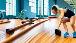 woman makes wood floor dirty in public fitness center