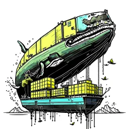 A whale carrying shipping containers on its back, and an engine with a propeller carrying the whale through the water. Digital Art, Digital Drawing