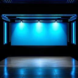 beautiful dance stage with no dancers in luxury modern hall dynamic lights, modern furniture light blue & gray theme