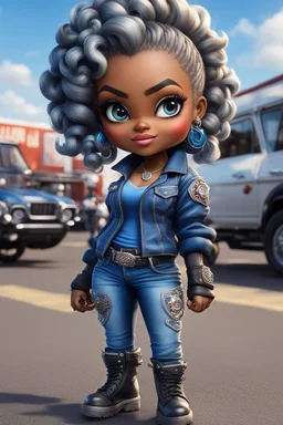 airbrush illustration of the chibi cartoon character, a voluptuous black female in a blue jean outfit with biker boots. Her prominent makeup and hazel eyes, along with her detailed platinum blonde bantu knots, are featured in this image, set against the background of a lively bike show.