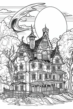 A haunted house with bats flying around and a full moon in the background. Outline, sketch style, only use outline, mandala style, clean line art, white background, no shadows, no clear wall, coloring page.