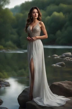 full shot body photo of the most beautiful artwork in the world featuring model, happy mood, High Detail, Sharp focus, dramatic, photo realistic, ultra sharp, ultra hd, hyper realistic, ultra realistic, ((((dress)))), trending on artstation, sharp focus, studio photo, intricate details, highly detailed, standing in nice pose in country side with river ,water fall ,rocky vally