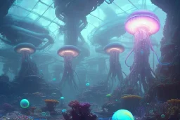 bioluminescent cyberpunk jellyfish, deep sea diver, extreme light, distant cyberpunk atlantis, organic, bio domes, coral, deep ocean, robotic, mariana trench midnight zone, bubbles, hyper realistic, hyper detailed, digital art, trending in artstation, studio quality, photorealistic, photo, by jesper ejsing, wlop, paul lehr