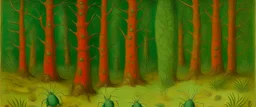 A mint colored woods with bugs designed in Mexican folk art painted by Albert Pinkham Ryder