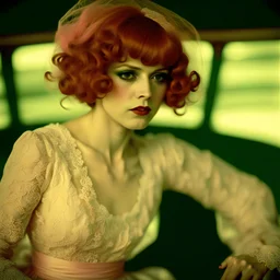Clara bow, merry go round., in the wind, white lace dress, pink hair,autochrome, close up