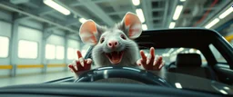 car driving happy 2d neon fluffy orc mega rat with human hands in the style of Escher and Giger and Fallout 4, pinhole cam, airbrush 3d rendering, on tv screen:A five-second cinematic single take in a clean industrial presentation hall.