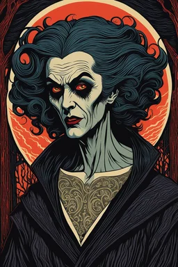 museum quality color woodcut of an aged dystopian Nosferatu vagabond female vampire with highly detailed hair and facial features , in the style of Gustave Baumann, with a fine art , graphic novel aesthetic, highly detailed, finely cut ,8k render,