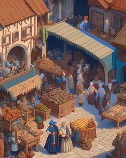 A lively street market in a bustling medieval town, with merchants, entertainers, and townsfolk going about their daily lives, in the style of detailed pixel art, a rich tapestry of colors and textures, dynamic lighting and shadows, inspired by the works of Hieronymus Bosch and Bruegel the Elder, 8K resolution, inviting viewers to lose themselves in the myriad of stories unfolding within the scene.