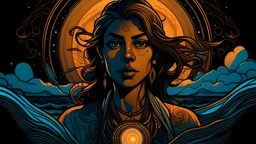 a drawing of an indian woman, looking at the camera, with a sailor star in water, in the style of neon art nouveau, dark amber and gray, vanitas, atmospheric clouds, cool color palette, sleepycore, portraiture iconography
