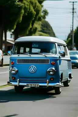Blue and white Westfalia Van on a street with two people driving the van
