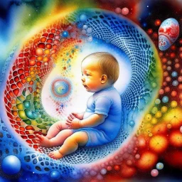 Quantum Serenity: A watercolor depiction of the conception of a baby, illustrating the interplay of microscopic quantum particles and DNA at the molecular level, embodying calmness in action.”