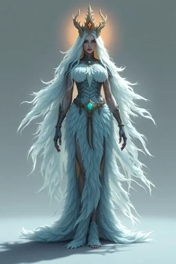 good low poly merman priest woman with long fur all over her entire body and bright aura