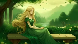 A stunning illustration of a young woman with long, golden blonde hair, sitting serenely on a bench amidst a lush, blurred green landscape. The flowing green dress she wears accentuates her delicate form, and the soft colors of the background create a sense of harmony and tranquility. Delicate flowers and vines surround the bench, adding to the peaceful ambiance of the scene., illustration