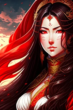 woman with long brown hair and red eyes, medieval concubine, anime style, highly detailed, intricate background, red and black clothes, confident, arrogant