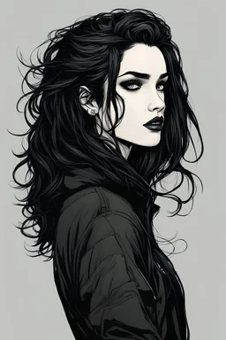 create a side profile, shoulder to heads, artline comic book style of a dark haired, savage, dressed in black casual skate clothing, messy hair, goth girl
