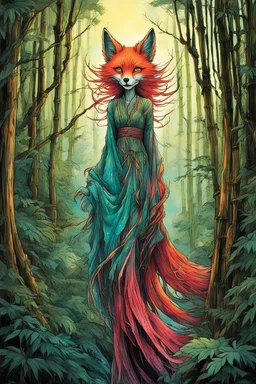 full color front facing full body portrait of a shape shifting kitsune fox spirit possessed woman with highly detailed hair and slim, narrow facial features, trekking through haunted mountain bamboo forest, pierced by shafts of early evening light , danger lurks everywhere but she is undeterred and resolute in her purpose, art in the style of Alex Pardee, spirited away, studio ghibli, , 8k , finely detailed and precise line work, soft gauzy pastel colors