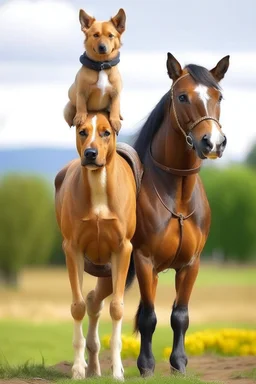 A dog rising on top of the horse