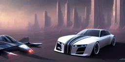 jet powered car in a busy floating city. the year is 2300