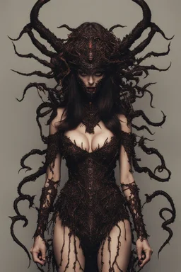 Demon girl wizard hat Halloween vintage girl, fullbody, creepy, horrifying, sinister, many worms parasite creature connected to the head and hands, sparks around her, sparks cybernetic, intricate, 8k, macro photography,