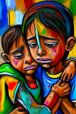a girl hug her brother and both crying sadly, expressionism, Pixar style, in abstract art Basquiat, Picasso, Miro, Kandinsky, Klee, Birell, Fairey, Ardon, Buffet and Picasso style, HD --s 750 --v 5.1 --style raw, water color