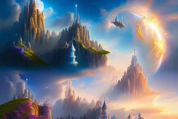 mythical long stairway up to heaven in the sky, beautiful colours, fine art