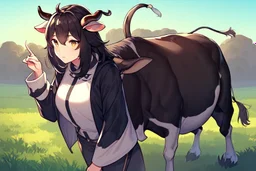 Girl, cow tail, cow horns, cow ears,field, dark hair, hooves on hand, cow hand