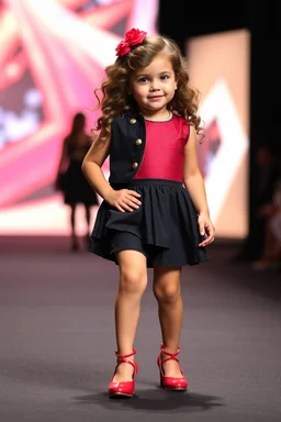 2 years old baby girl fashion model with high heels ,curvy wavy hair ,cat walks in runway,catwalk and pose at end with cute