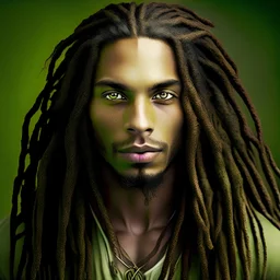 A handsome man with long dreadlocked hair, brown skin and green eyes