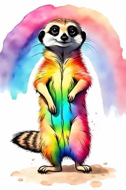 meerkat with rainbow colored fur, illustration, anime style, full body, water color
