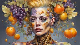 Punk woman 49 years old, hair made of Fruits, Grapes, tangerines, gold, gouache, watercolor, acrylic, streaks of paint, branches, fine drawing, golden makeup, bees, tattoo, robot, alien, bees, bright colors, double exposure, high detail, high resolution, 8K, 3D, bees,