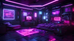 Cyberpunk apartment. Detailed. Rendered in Unity. Japanese elements. Purple lighting. Holograms.