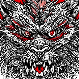 Closeup illustration of just the angry red eyes of a beast, tattoo design, black ink, cartoonist,