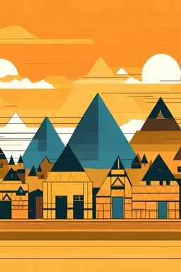 create a vector town of small Egyptian houses with silhouettes of pyramids behind them in a similar art style and color palette
