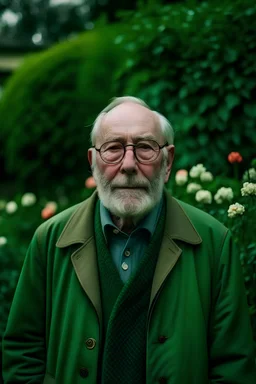 Un retrato de un anciano con un sobretodo verde y lentes de marco grueso en un jardín de rosas