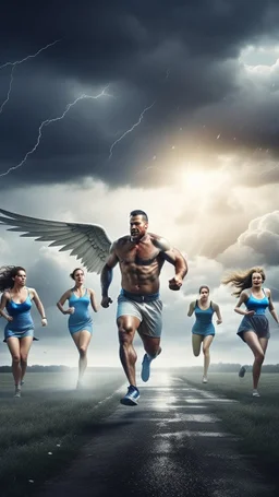 Giant man with wings kidnapped and Cary some women other women are running away from him hi resolution picture with cloudy storms and lightning