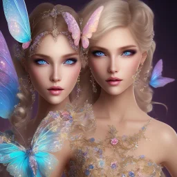 bright fairy, unic beautiful kind portrait, blond hair,blue eyes, flowery luminous pastel colors, butterfly