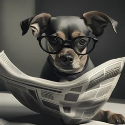 A photorealistic dog wearing tiny human glasses and reading a newspaper.